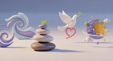 Aesthetic Composition Depicting Harmony, Peace, and Cosmic Balance in Soft Colors