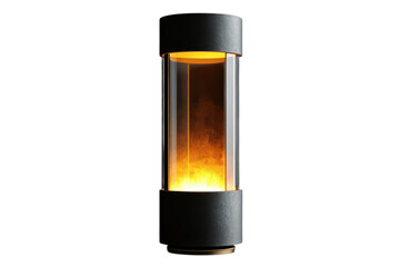 Modern cylindrical bioethanol fireplace with warm glowing flames encased in glass against a on transparent background