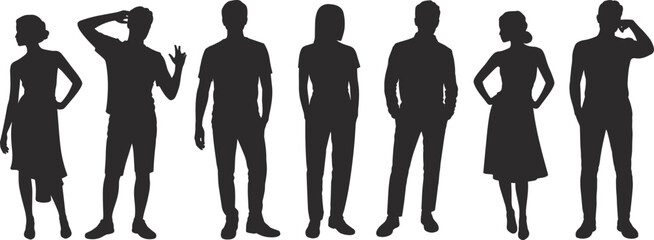 Diverse male and female silhouettes showing casual standing poses and expressive gestures for modern lifestyle design, creative artwork, vector illustration