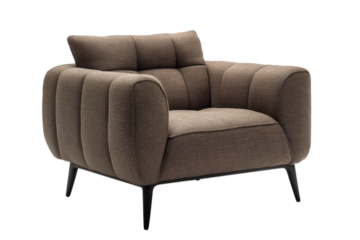 Modern brown textured fabric armchair with vertical channel tufting and sleek black metal legs on transparent background