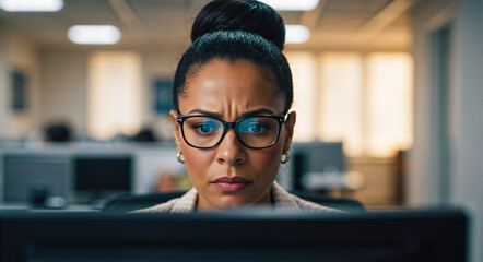 Focused businesswoman with a concerned expression working on a computer. Stressed female employee concentrating on a difficult task in the office