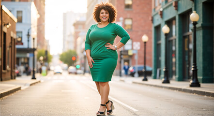 Confident plus-size black woman in a green dress smiling on a city street. Happy curvy african american model posing outdoors during golden hour. Body positivity and urban fashion lifestyle