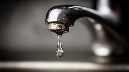 Close Up Macro Shot Of Dripping Chrome Faucet With Water Droplet Falling Into Sink Macro Focus