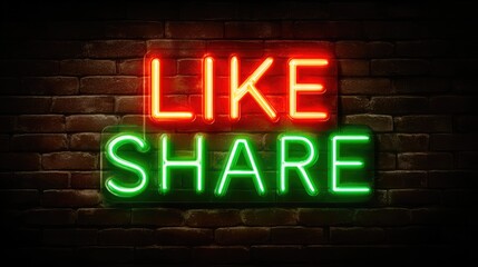 Fototapeta premium Bright Neon Like and Share Symbol for Social Media Engagement Concept