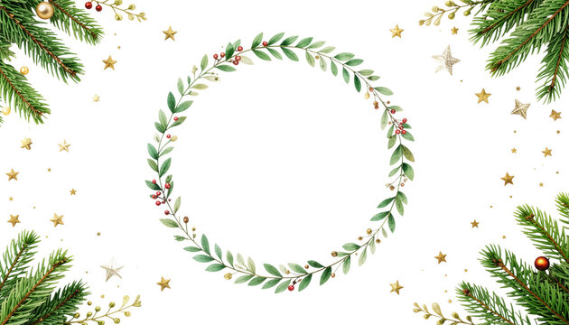 Elegant Christmas frame with watercolor wreath, pine branches, golden stars, and berries. Festive holiday border illustration for invitations or cards, with a transparent background.