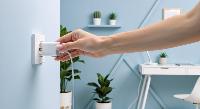 A woman's hand plugging a white charger into an electrical wall socket. Connecting a device to a power supply for charging. Energy and electricity consumption concept