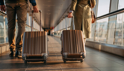 Travelers with luggage on a moving walkway.