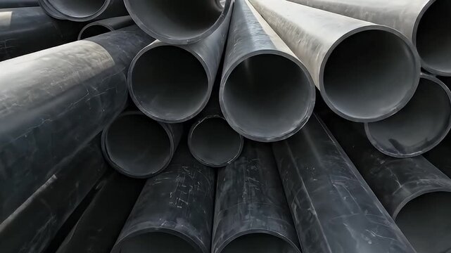 A dynamic low-angle shot captures a vast collection of dark, robust industrial pipes, stacked and overlapping to create a powerful sense of depth and scale. The cylindrical forms fill the frame, highl