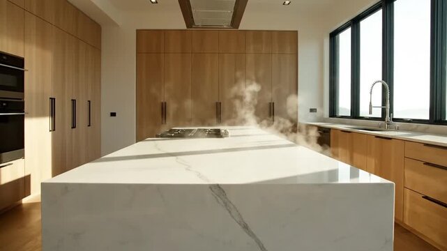 Bright modern kitchen with a large marble island, oak cabinets, steam rising near a window. Skylight
