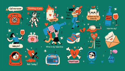 A funny and edgy set of Anti-Valentine's Day vector cards featuring heartbreak, voodoo dolls, and sassy quotes