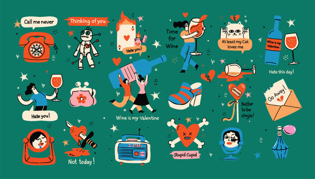 A funny and edgy set of Anti-Valentine's Day vector cards featuring heartbreak, voodoo dolls, and sassy quotes