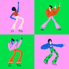 A vibrant and energetic set of vector illustrations featuring groovy disco dancers rocking colorful bell-bottoms and vintage fashion in classic poses.