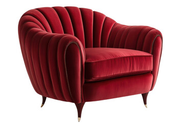 Luxurious deep red velvet armchair featuring elegant channel tufting and classic art deco inspired design elements on transparent background