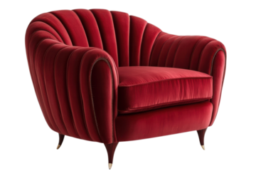 Luxurious deep red velvet armchair featuring elegant channel tufting and classic art deco inspired design elements on transparent background