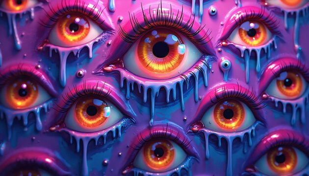 Surreal pattern of multiple eyes with vibrant orange pupils and long lashes. Dripping pink and blue liquid creates a psychedelic, trippy effect. Abstract background art.