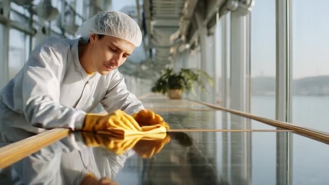 A diligent worker wearing protective gear focuses on cleaning a glass surface in a modern greenhouse, ensuring a spotless environment for cultivation and growth.