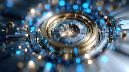 Radiating energy core with pulsating geometric patterns, showcasing blend of metallic and luminous elements. dynamic motion creates sense of depth