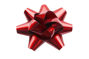 Shiny metallic red gift bow perfect for holiday packaging and celebration decorations on transparent background