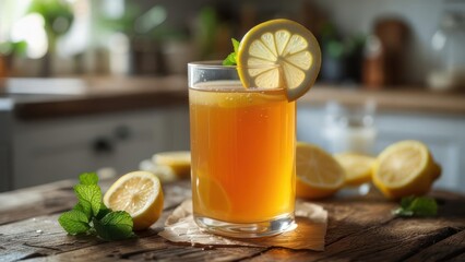 Refreshing Citrus Elixir: Sunlit Glass of Lemonade with Mint and Sliced Lemons on Rustic Wood
