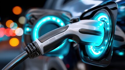Close up shot of electric vehicle charger nozzle connecting to car, showcasing modern technology and innovation in sustainable transportation