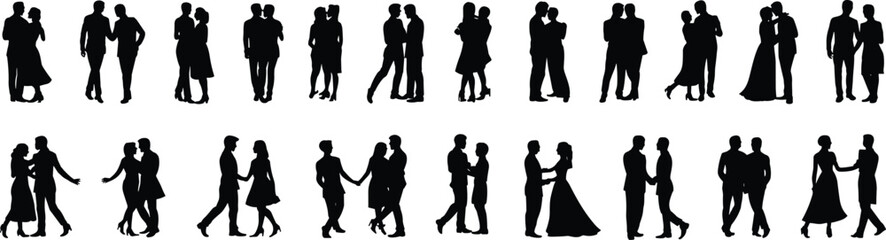 Romantic couple silhouettes featuring walking, dancing and holding poses for love, relationship, wedding and lifestyle concepts in creative vector illustration design