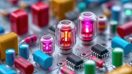 Electronic components circuit board glowing vacuum tubes resistors capacitors intricate design technology close up display
