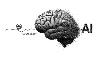 Artificial intelligence merging with human cognition depicted through brain illustration