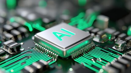 AI decision making chip with intricate circuitry and glowing elements, showcasing advanced technology and innovation in electronics