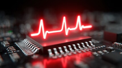 Microchip with pulsating electric signals and heartbeat waveform displayed in red, symbolizing technology and health monitoring