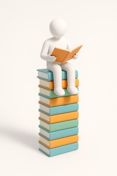 3D character reading on tall stack of books, education and knowledge growth