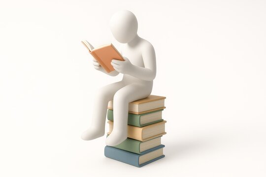 Minimal 3D student reading on stack of books, self study and learning