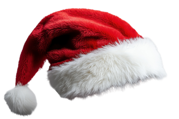 Plush red and white santa claus hat with fluffy trim and pom pom for holidays on transparent background