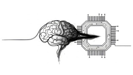 Artistic representation of human brain interfacing with microchip technology integration