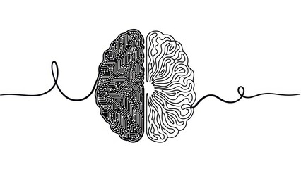 Brain connection circuit diagram, neural network integration concept idea monochrome illustration