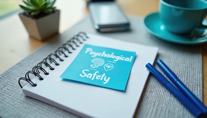 Blue sticky note reads Psychological Safety. Brain, heart icons highlight mental well-being awareness. Office desk with notebook, pens, smartphone, coffee cup. Concept of supportive work culture,