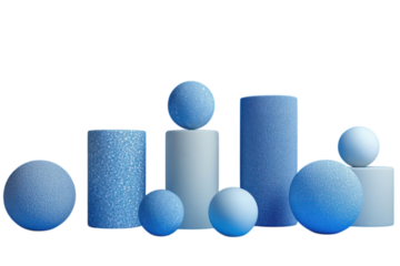 Abstract composition featuring various blue textured spheres and cylinders against a stark on transparent background