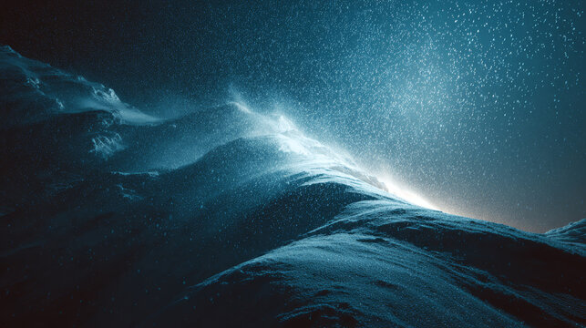 Powerful ocean waves crashing with snow and wind creating turbulent spray in a stormy winter scene