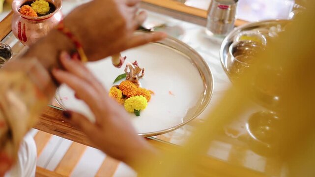 Authentic scene of a traditional Indian marriage vidhi, capturing sacred rituals performed around the holy fire (Agni) under a decorated mandap