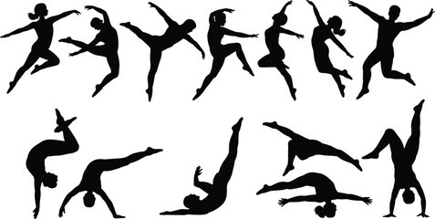 Dynamic dancer and acrobat silhouette collection featuring expressive jumps, flexible motion poses, energetic movement actions and athletic performance vector illustration