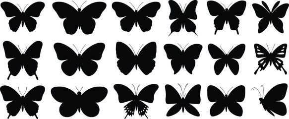 Elegant butterfly silhouette collection showcasing diverse wing patterns, natural insect shapes, decorative symmetry and detailed vector designs for creative graphic artwork © Samiul