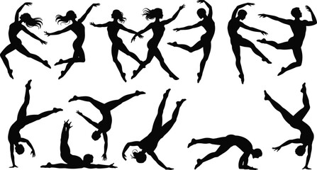 Dynamic dancer and acrobat silhouette collection showcasing energetic jumps, expressive movement poses, athletic choreography and flexible motion for creative vector illustration designs