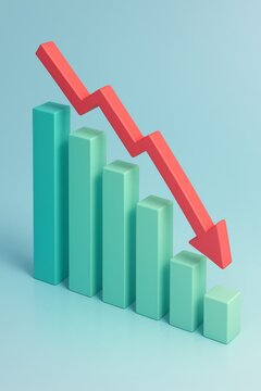 3D Declining Bar Graph with Red Arrow &mdash; Business Loss and Downtrend Concept