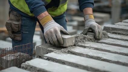 Construction activity showing worker laying concrete blocks for building foundation