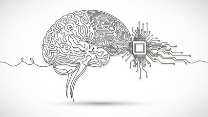 Human brain connected to computer circuit representing artificial intelligence concepts
