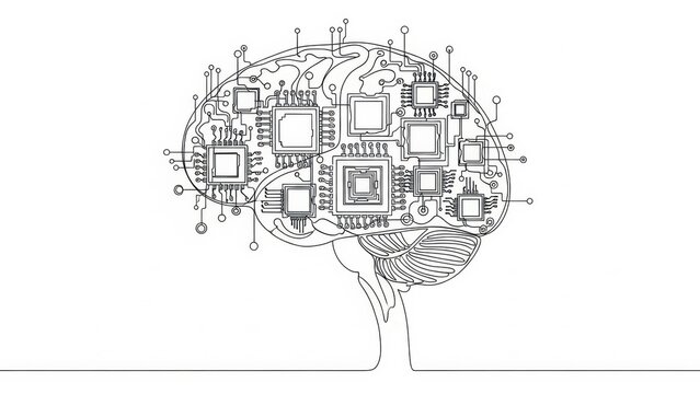 Abstract schematic illustration of a brain with electronic circuits and processors depicting - Powered by Adobe