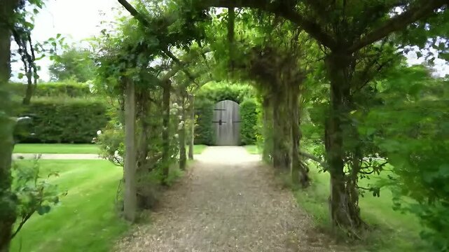 A tranquil tree-lined arched garden path creating a serene leafy tunnel