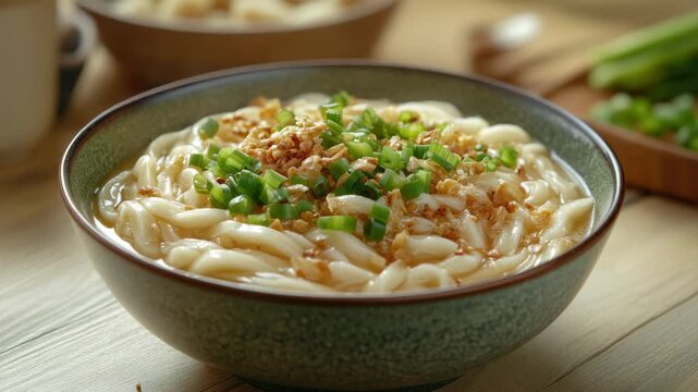 Close-up of a hearty macaroni and cheese soup in a black bowl, garnished with crispy noodles and topped with spices.