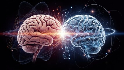 Conceptual visualization of two human brains showcasing connection intelligence and innovation