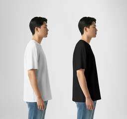 Mockup of white, black oversize t-shirt on Asian man in blue jeans, side view, AI generation, isolated on background., set