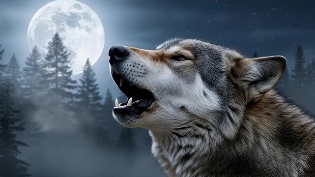 A majestic wild canine, a wolf, is captured in a powerful moment, howling towards a brilliant full moon under a dark, starry night sky. The scene evokes a profound sense of wilderness, primal instinct